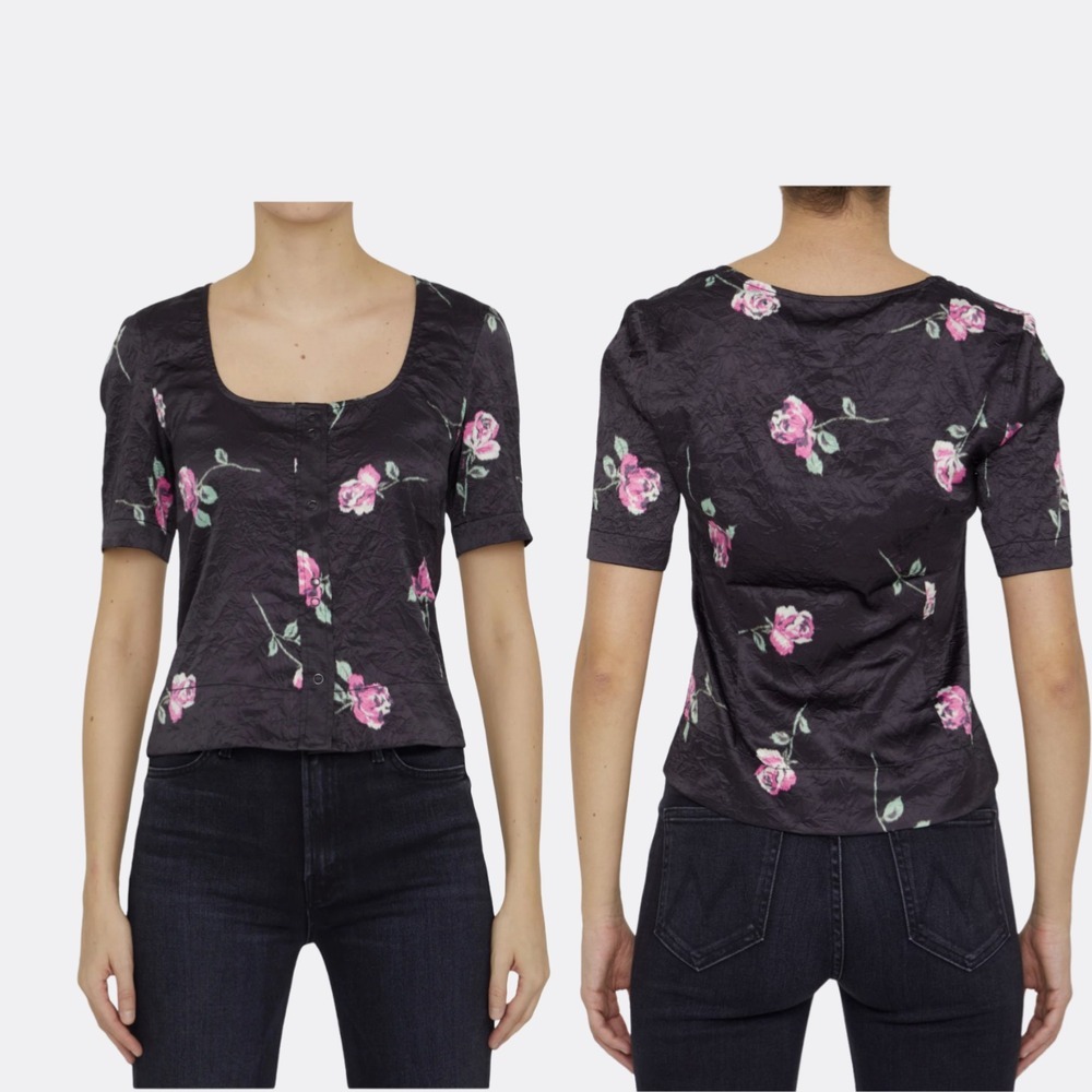 GANNI Crinkled Satin Floral Blouse Black Size 36 (FR) Short Sleeve Snap Button